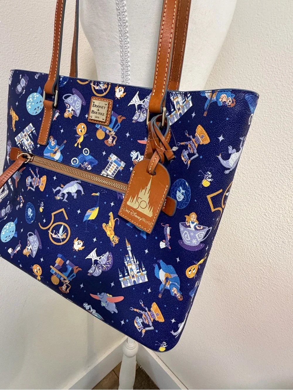 Dooney & Bourke Navy Blue 💙 Disney 50th Anniversary Tote Tan Trim Alice Dumbo